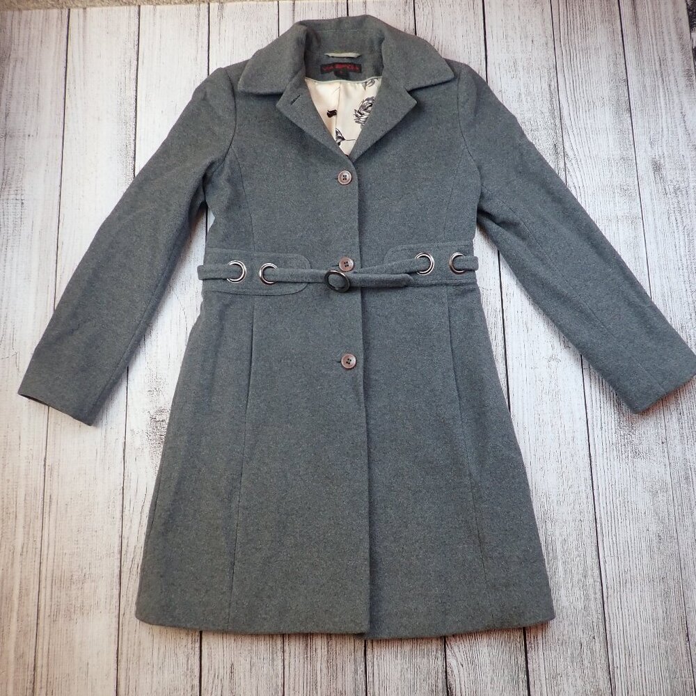 Via Spiga Women’s 6 Wool Blend Belted Mid Length Trench Coat Gray Button Up